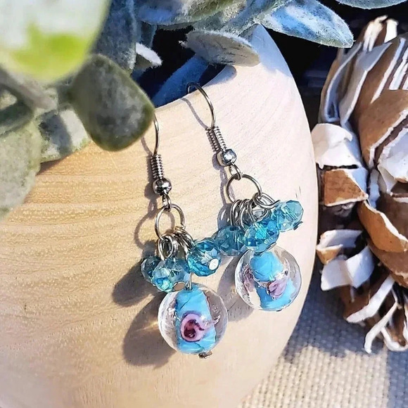Handcrafted Turquoise Blue Murano Glass Flower Czech Crystal Beads Earrings - Picture 5 of 7